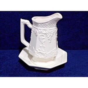Vintage Lefton Embossed White Milk Pitcher with Plate Grape Lattice #6490